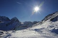 View of snow mountains and ski slope in Switzerland Europe on a cold sunny day