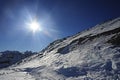 View of snow mountains and ski slope in Switzerland Europe on a cold sunny day