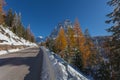 View after a snowfall on Mount Pelmo and Passo Staulanza road, Dolomites