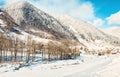 A view of snowy Alps mountains in winter sunny morning, Brand, Bludenz, Vorarlberg, Austria. Toned image Royalty Free Stock Photo