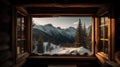 A view of a snowy mountain range from a cozy cabin window created with Generative AI Royalty Free Stock Photo