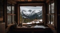 A view of a snowy mountain range from a cozy cabin window created with Generative AI Royalty Free Stock Photo