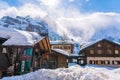View of snowy Murren Village in sunny day Royalty Free Stock Photo