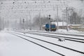 View on the snowy railroad tracks on winter Royalty Free Stock Photo