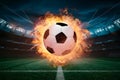 view Soccer ball depicted in an explosive fireball display Royalty Free Stock Photo