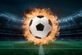 view Soccer ball depicted in an explosive fireball display Royalty Free Stock Photo
