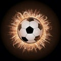 view Soccer ball depicted in an explosive fireball display Royalty Free Stock Photo