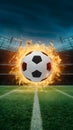 view Soccer ball depicted in an explosive fireball display