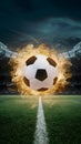 view Soccer ball depicted in an explosive fireball display