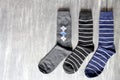 View of socks different colors and styles on vintage gray background