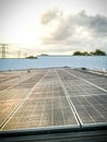 View solar panels of photovoltaic power station or solar park for the supply of electricity on a roof of factory Royalty Free Stock Photo