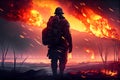 View of a soldier in a helmet on the background of a fire. Generative AI, Generative, AI