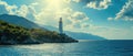 View Of A Solitary Lighthouse Standing Tall Against A Scenic Coastal Backdrop