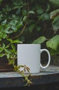 A solo blank white coffee mug on the rusty table edge Royalty Free Stock Photo