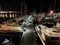 View of some boats at the marina in Sanxenxo Galicia Spain during night