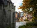 view of some Gand houses with the castle of Flanders in the foreground