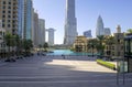 View of Souk al Bahar, Dubai fountain with Burj Khalifa and park. Beautiful view of Dubai downtown district with restaurants and s Royalty Free Stock Photo
