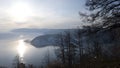 View of the source of the Angara river from lake Baikal in the Irkutsk region. The village of Listvyanka in Siberia, Russia.