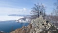 View of the source of the Angara river from lake Baikal from the observation deck at the stone Chersky. A journey to Siberia