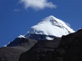 View of south face of Mount Kailash, with its distinctive vertical cleft running down the center of the rock face, Tibet