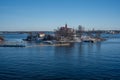 A view from the south harbor towards the sea. An old mansion in the middle of Helsinki Royalty Free Stock Photo