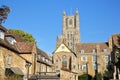 View of the South part of the Cathedral of Ely in Cambridgeshire, with medieval houses in the foreground