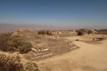 View from the South Platform onto the Gallery Palace of the Dancers Danzantes at the archaeological site of Monte Alban, Oaxaca, Royalty Free Stock Photo