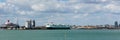 View of Southampton Docks with big cruise ship and boats panorama Royalty Free Stock Photo