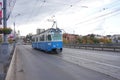 Swiss tram traveling over the bridge in Vinnitsa.