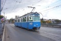 Swiss tram traveling over the bridge in Vinnitsa.