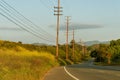 View of southern California highway lined by electrical utility poles.