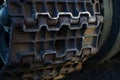 Soviet Union tank tracks. Caterpillar armored closeup shot. Royalty Free Stock Photo