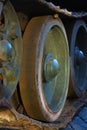 Soviet Union tank tracks. Caterpillar armored closeup shot. Royalty Free Stock Photo