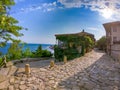 View from Sozopol, Bulgaria. Street with traditional wooden houses