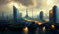 View of the space base in the futuristic city, 3d render and digital painting, concept illustration Royalty Free Stock Photo