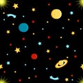 View of space. Moon, Sun, Saturn, Earth, other planets, stars comets space Seamless pattern