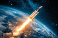 View from space of a rocket launch over the planet Earth Royalty Free Stock Photo