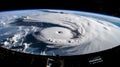 View from the space station of hurricane on planet Earth. Hurricane manifests as spiral formed by powerful clouds and stormy Royalty Free Stock Photo