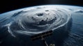 View from the space station of hurricane on planet Earth. Hurricane manifests as spiral formed by powerful clouds and stormy Royalty Free Stock Photo