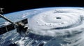 View from the space station of hurricane on planet Earth. Hurricane manifests as spiral formed by powerful clouds and stormy