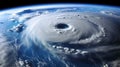 View from the space station of hurricane on planet Earth. Hurricane manifests as spiral formed by powerful clouds and stormy