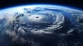 View from the space station of hurricane on planet Earth. Hurricane manifests as spiral formed by powerful clouds and stormy