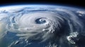 View from the space station of hurricane on planet Earth. Hurricane manifests as spiral formed by powerful clouds