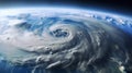 View from the space station of hurricane on planet Earth. Hurricane manifests as spiral formed by powerful clouds