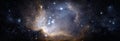 A view from space to a galaxy and stars. Universe filled with stars, nebula and galaxy,. Panoramic shot, wide format. Elements of