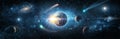 View from space to the planet Earth, galaxies, stars, comet, asteroid, meteorite, nebula, Saturn. Cosmic panorama of the universe Royalty Free Stock Photo