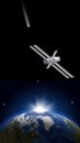 view from space to the planet Earth, a rising sun on the horizon, a spacecraft flying in space and a bright comet. Vertical Royalty Free Stock Photo