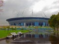 A view of a spaceship-like football stadium in Saint Petersburg, Russia