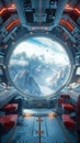 View from spaceship window reveals otherworldly scenery, 3D rendering