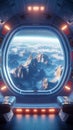 View from spaceship window reveals otherworldly scenery, 3D rendering